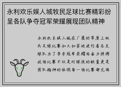 永利欢乐娱人城牧民足球比赛精彩纷呈各队争夺冠军荣耀展现团队精神